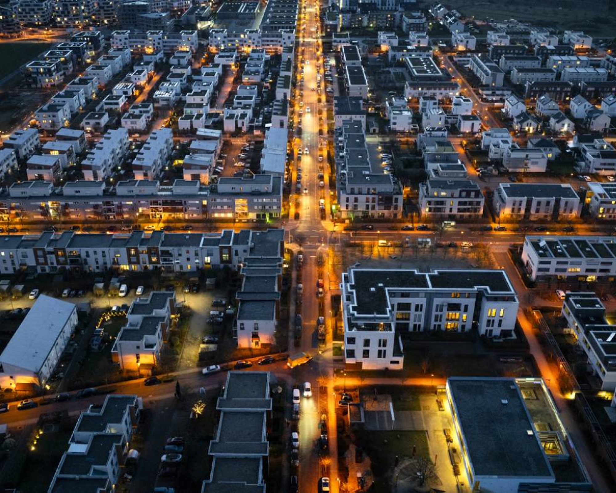 Aerial view over Frankfurt Riedberg and Mertonviertel at dusk. Frankfurt-Riedberg is a newly developed city district in the north of Frankfurt, Germany.